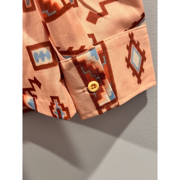 VTG 70s Disco Catalina Associates Aztec Print Button-Up Shirt L Peach Polyester - Picture 5 of 7